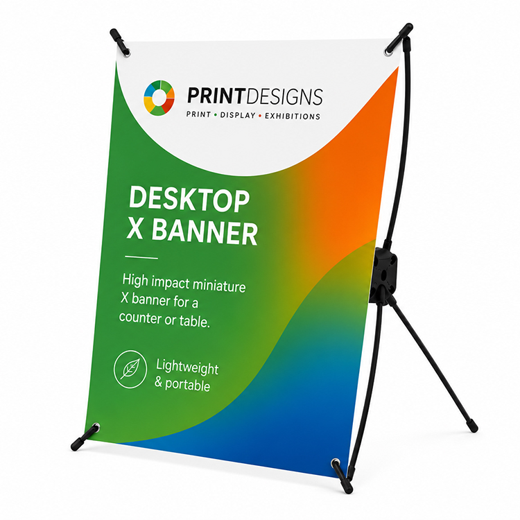 Desktop X Banner displayed on a counter