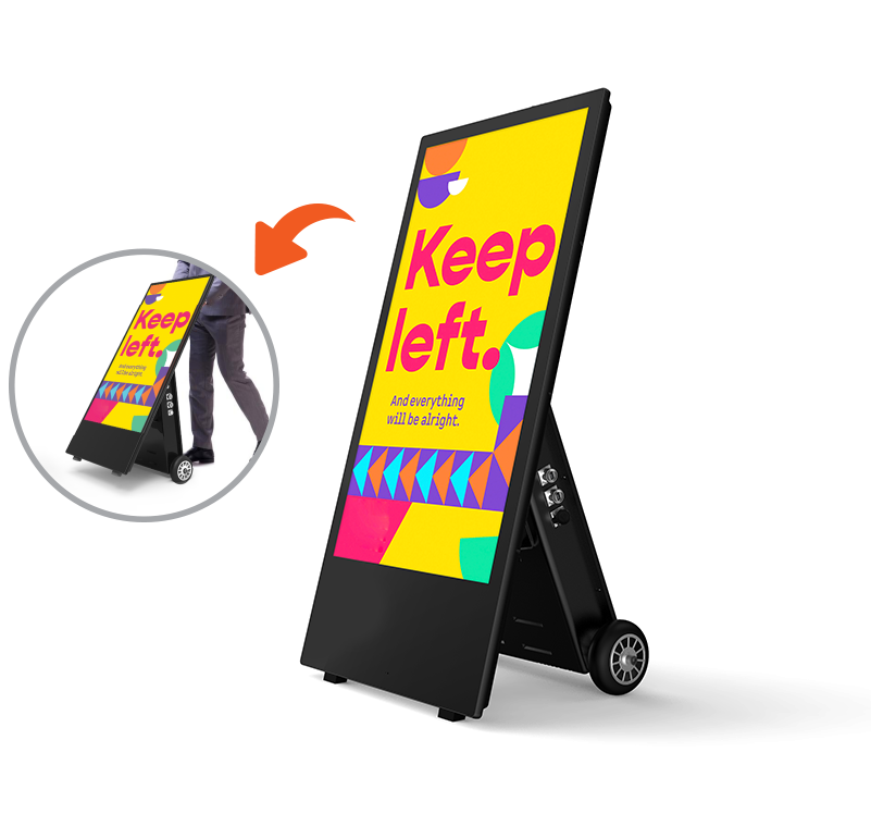 Portable digital A-board with rugged built-in wheels