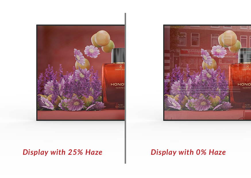 Comparison between a standard glossy screen and a display with 25 percent anti-glare haze