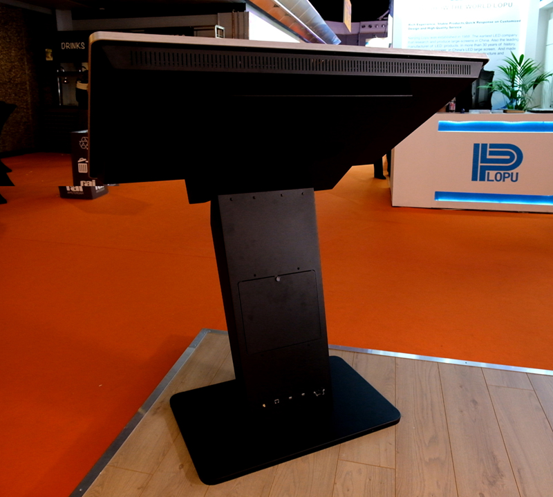 Rear view of PCAP touch screen kiosk showing secure internal equipment locker