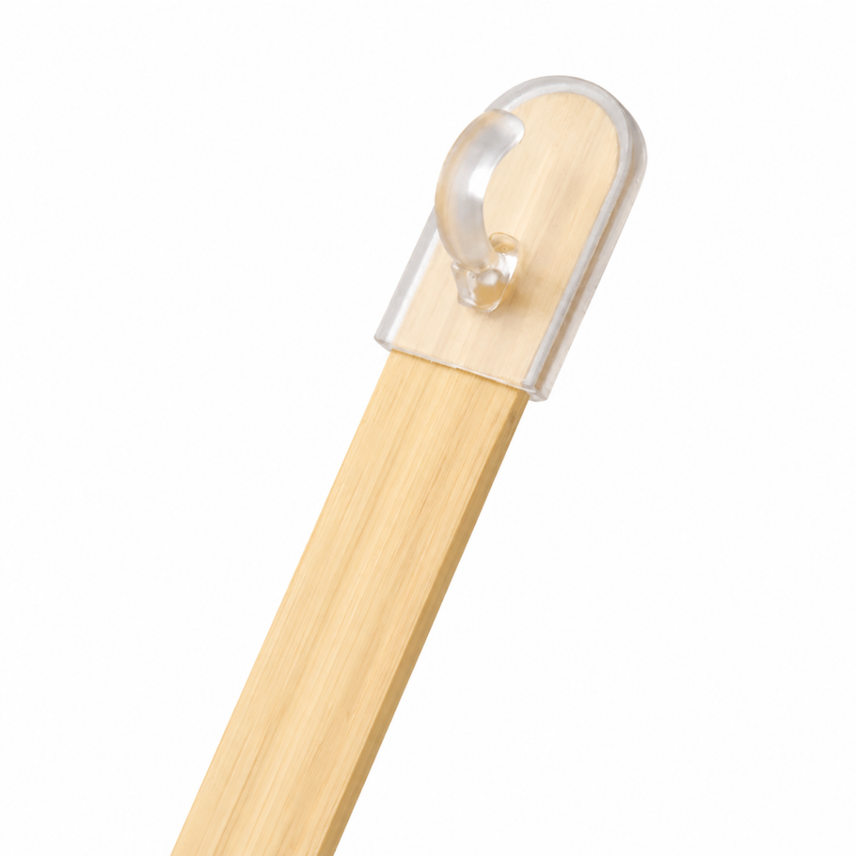 Translucent plastic hook fitting on the end of a Bamboo X Banner pole