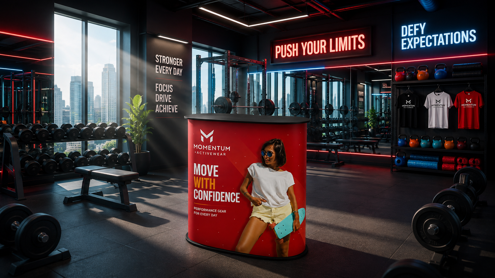 Basics Curved Counter used as a branded promotional counter in a modern gym
