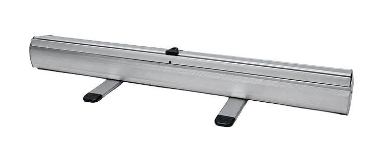 Front view of the aluminium roller banner base with twin rotating support feet