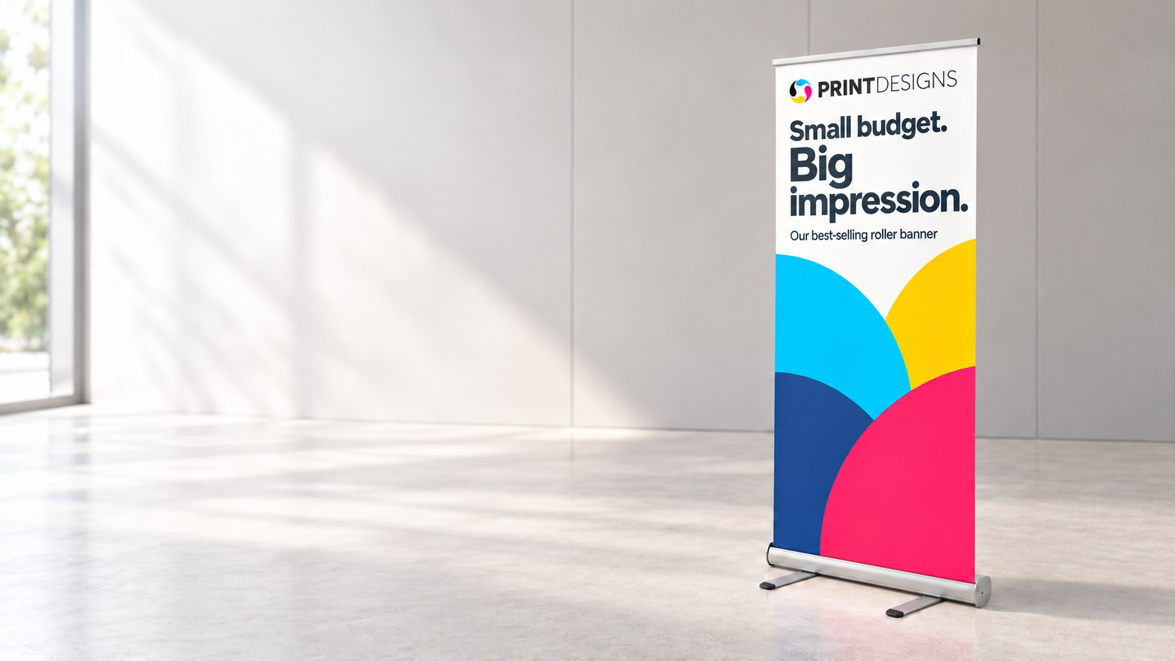 Printed Budget Banner Stand displayed in a bright indoor setting
