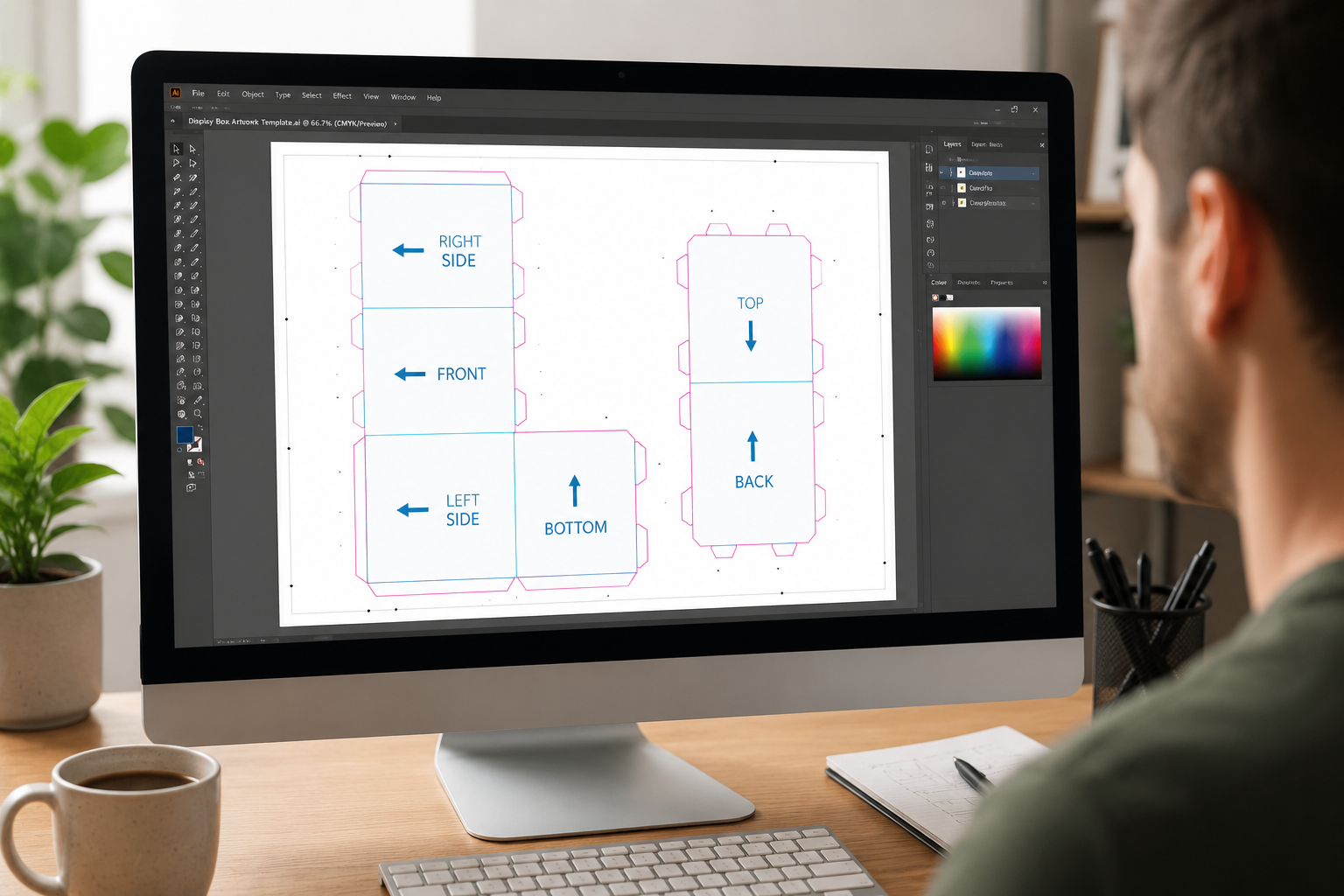 Cardboard display cube artwork template shown on a computer screen
