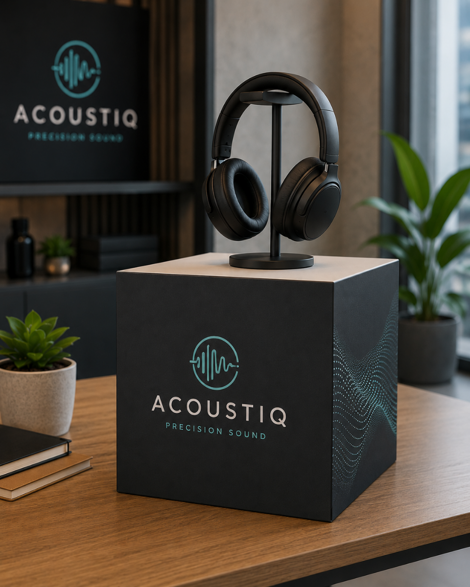 Cardboard display cube used as a branded product plinth for premium headphones