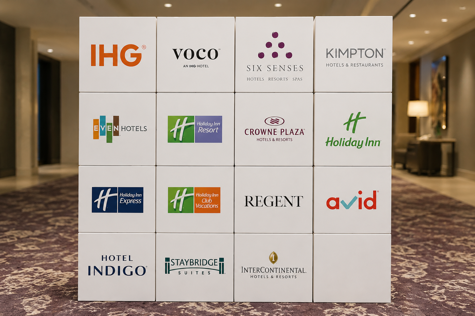 Cardboard display cubes arranged to create a modular display wall for exhibitions and conferences
