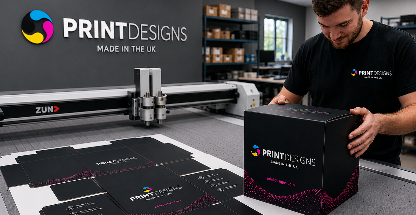 Printed cardboard display cube panels being digitally printed and precision cut