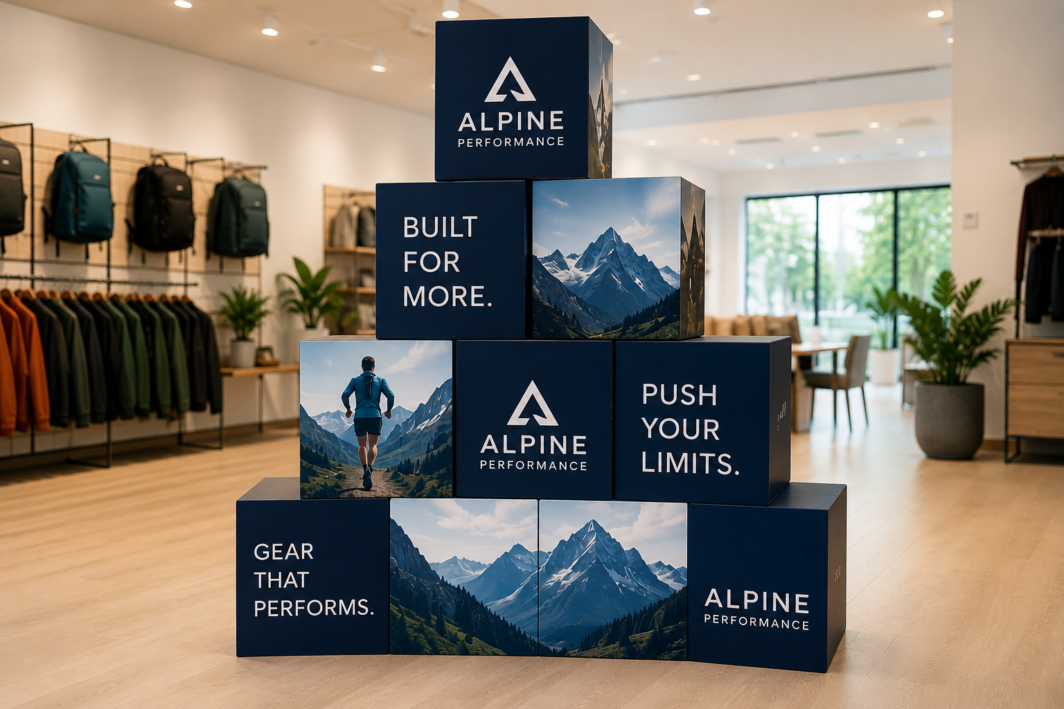 Cardboard display cubes stacked in a pyramid display for retail promotions, exhibitions and events