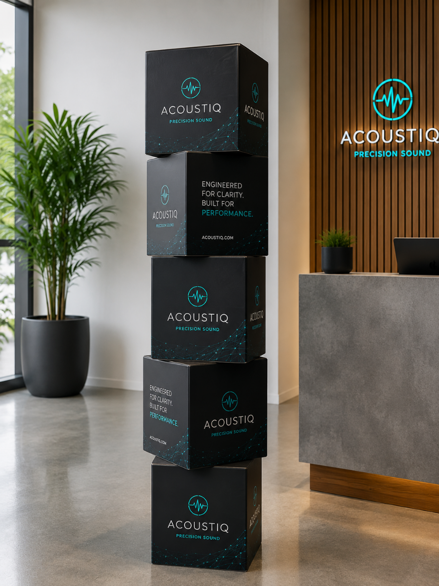 Stacked cardboard display cubes arranged as a promotional tower display