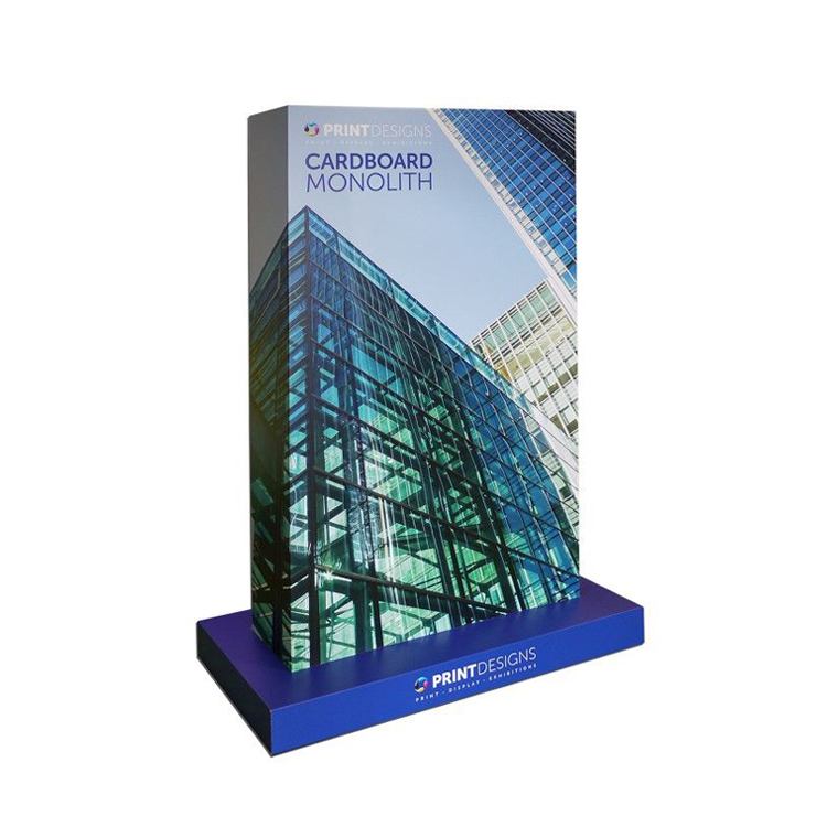 Cardboard Monolith Display with full-colour printed graphics standing on a wide printed base