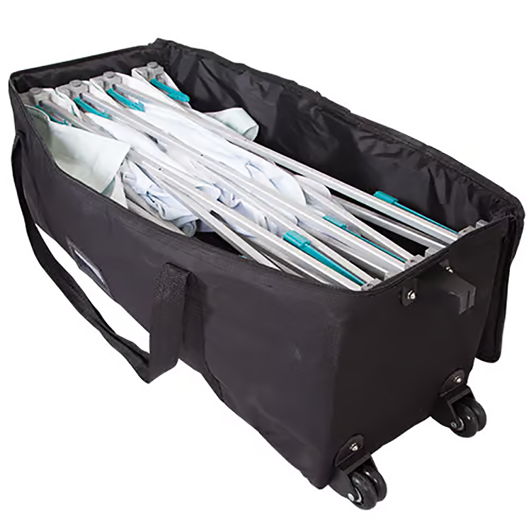Collapsed Hop Up frame packed in its wheeled case with the fabric graphic still attached