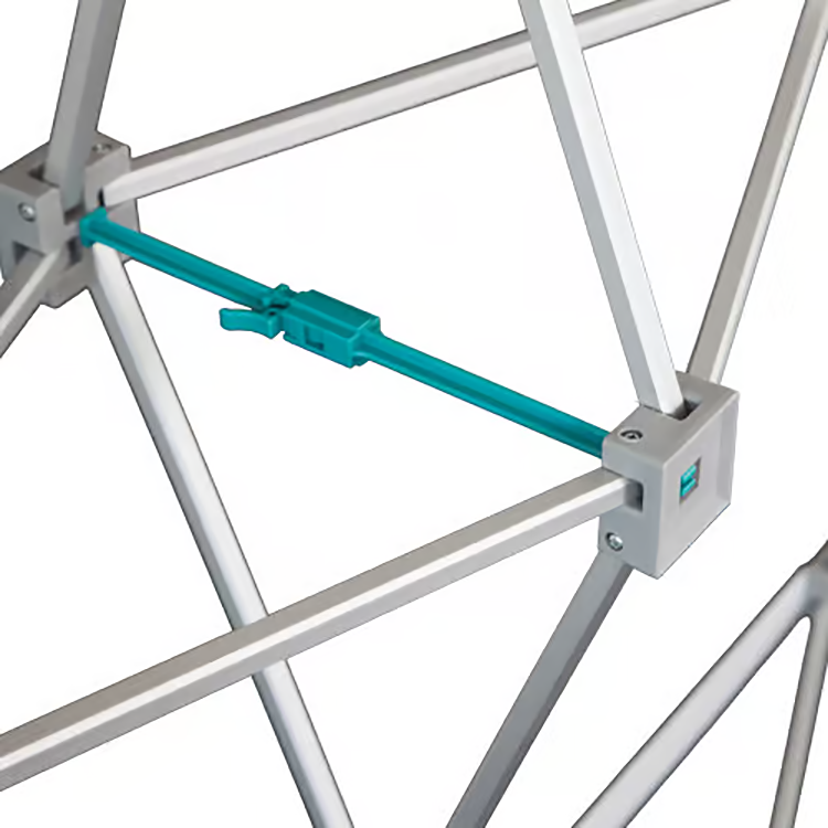 Close-up of the quick-release locking arms on a Hop Up Fabric Pop Up Display Stand