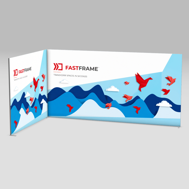 FastFrame 5m x 3m exhibition stand with back wall and one side return