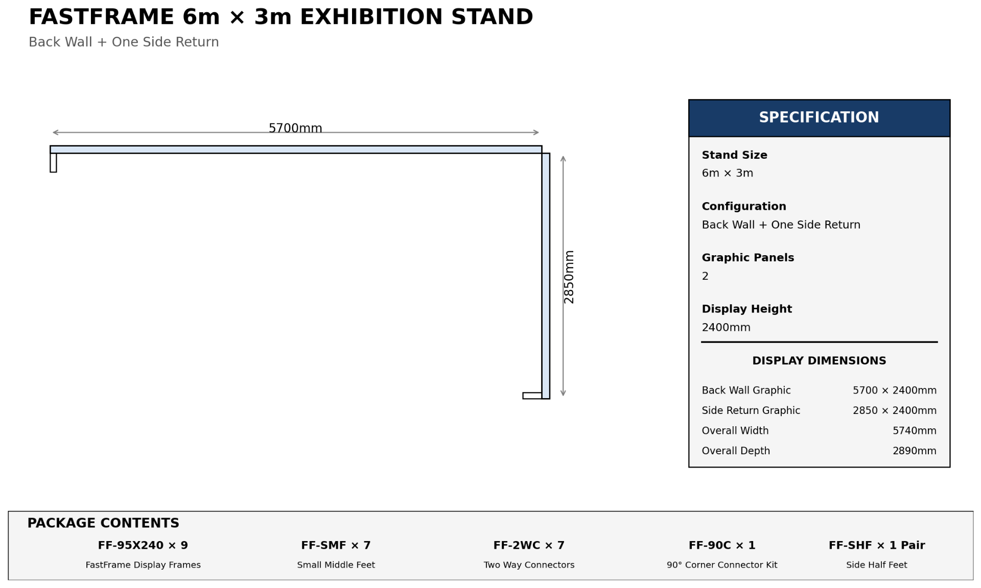 Floor plan of FastFrame 6m x 3m exhibition stand – back wall and one side wall