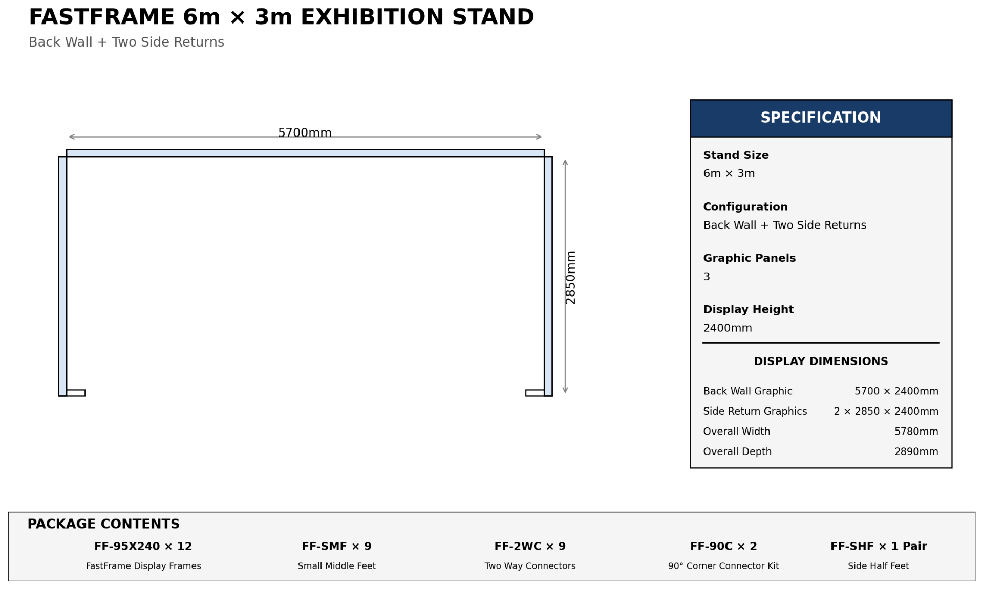 Floor plan of FastFrame 6m x 3m exhibition stand – back wall and two side walls
