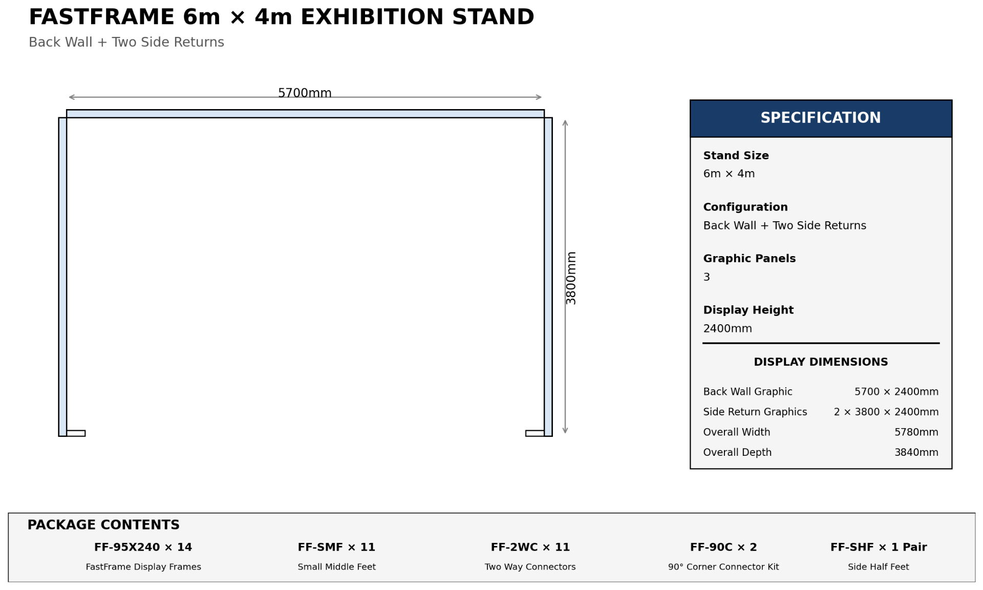 Floor plan of FastFrame 6m x 4m exhibition stand – back wall and two side walls