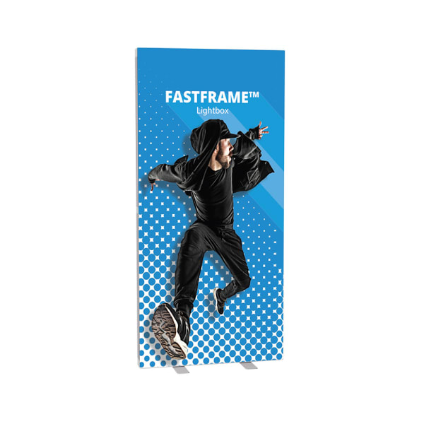 FastFrame LED lightbox with a blue dancer graphic and silver aluminium frame