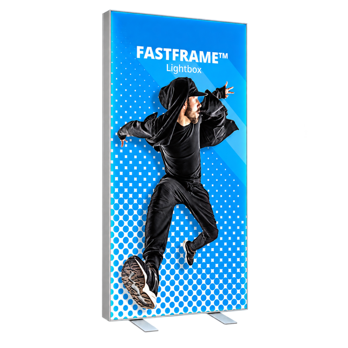 FastFrame LED lightbox with a blue dancer graphic and silver aluminium frame