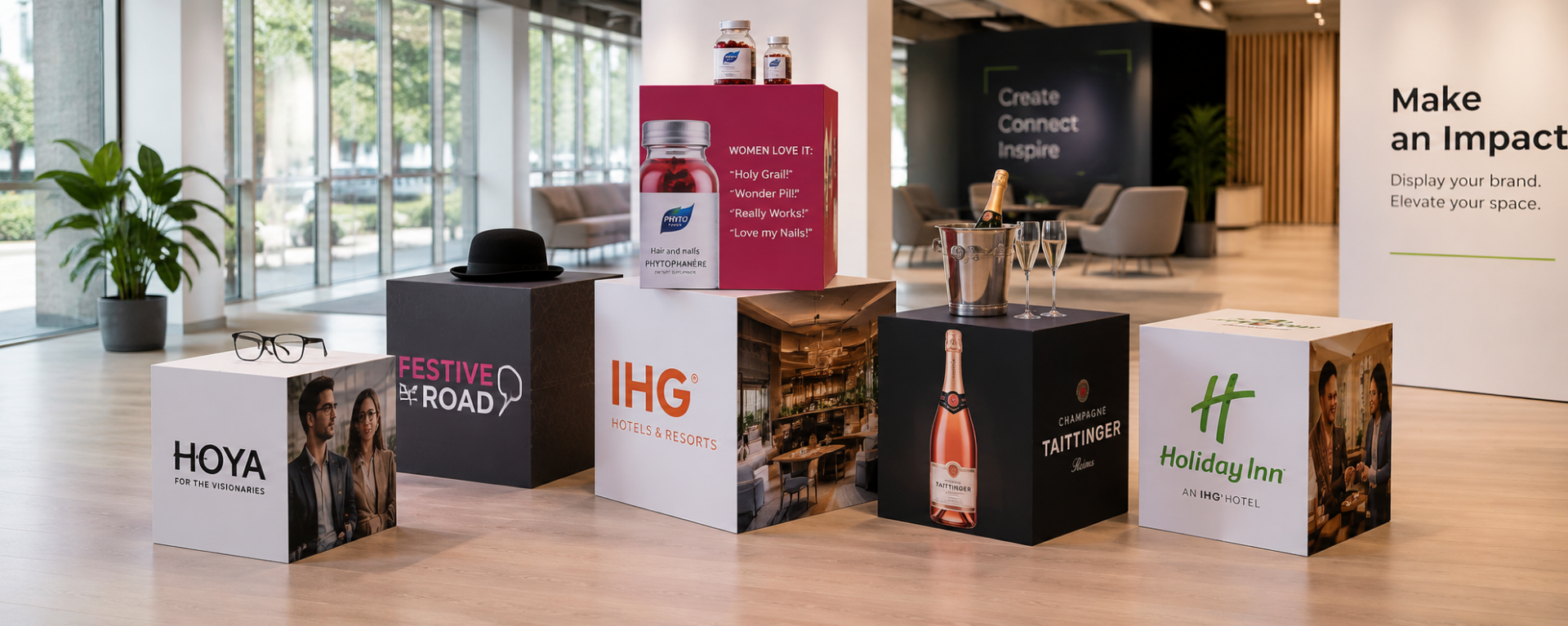 Printed cardboard display cubes for exhibitions, retail displays and promotional events