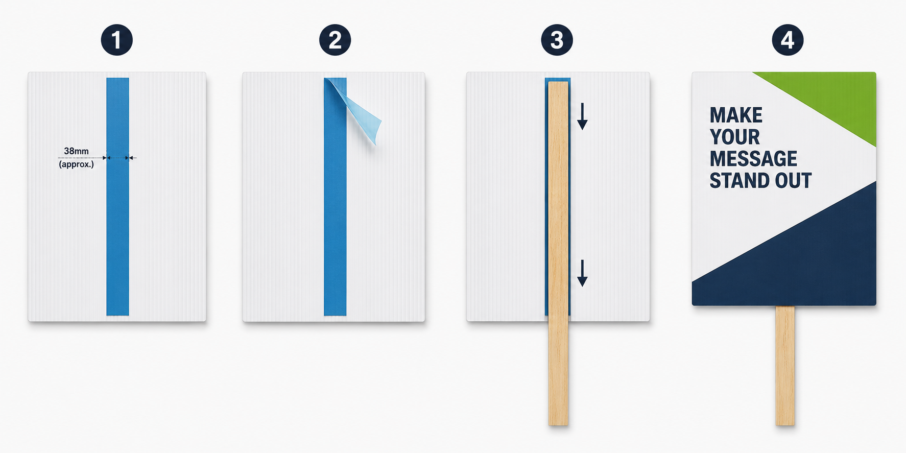 Assembly guide showing adhesive tape on the rear of a printed placard panel and the timber stick being attached