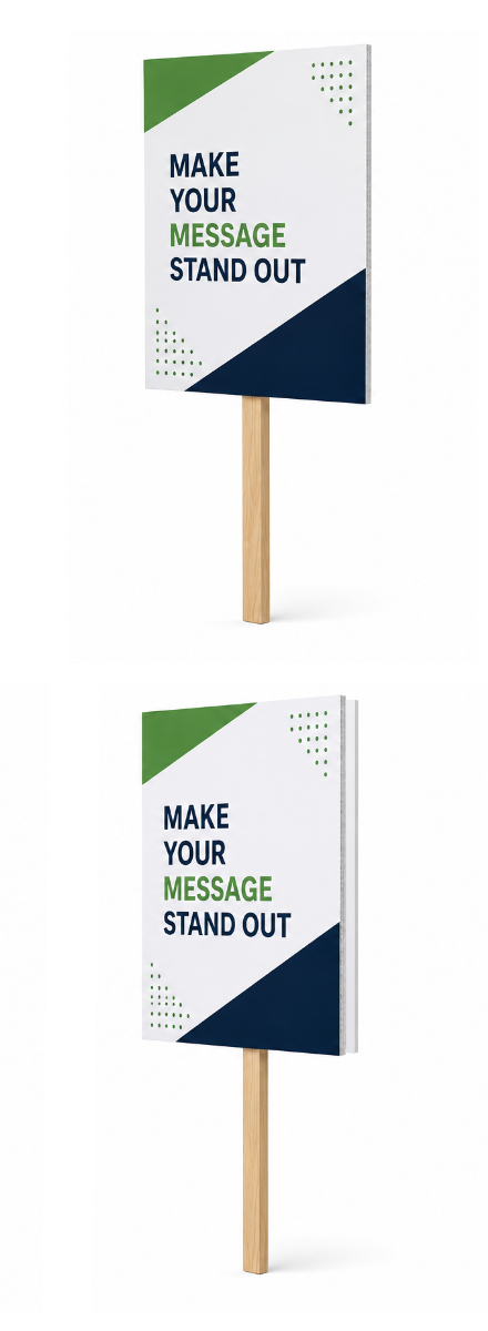 Single-sided and double-sided printed placards shown with timber sticks