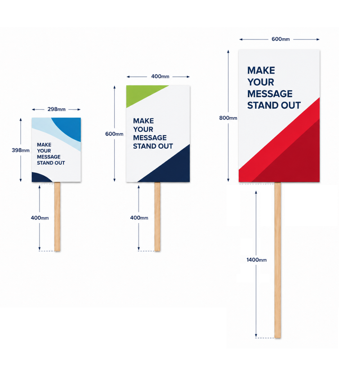 Printed placard size comparison showing small, medium and large boards with their stick projections