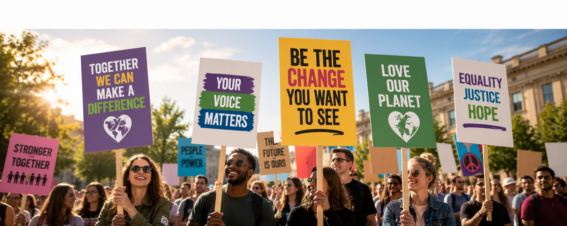 People holding custom printed placards with timber sticks at an outdoor event