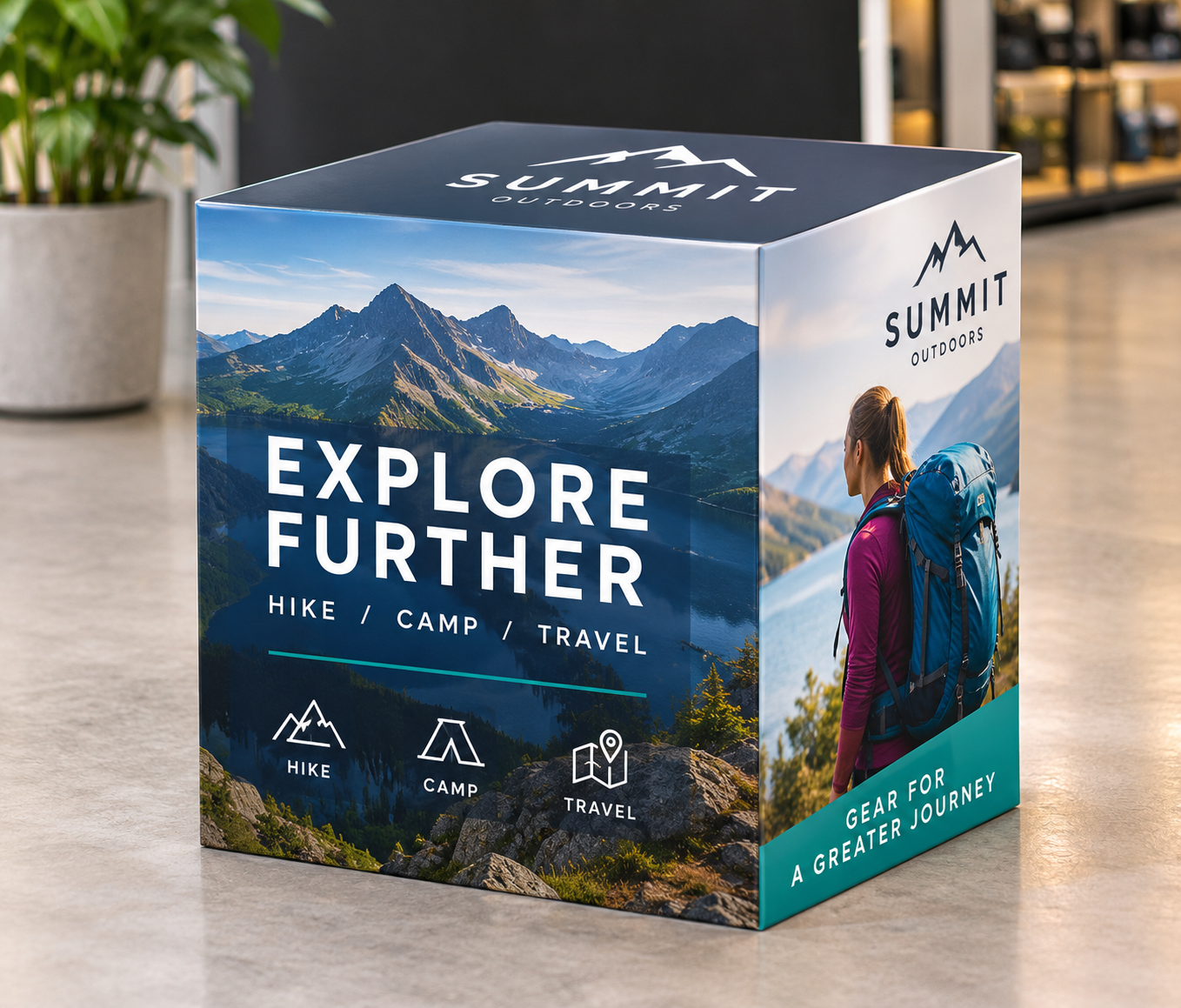 Person holding a fully assembled printed cardboard display cube