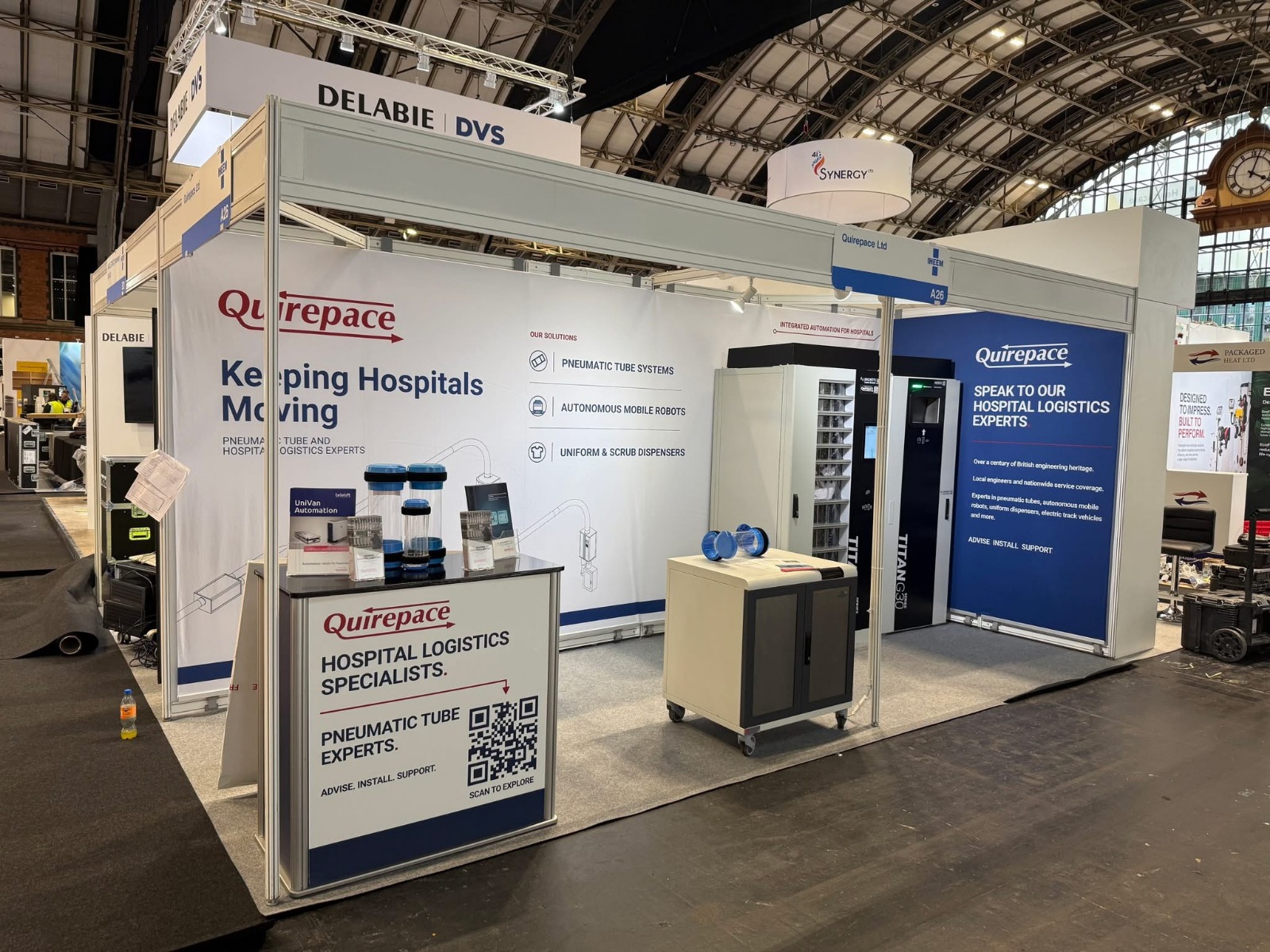 Quirepace hospital logistics exhibition stand featuring ShellTex fabric graphics