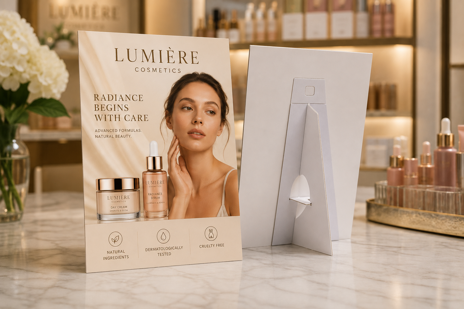 Custom printed Lumière cosmetics strut card displayed on a beauty retail counter