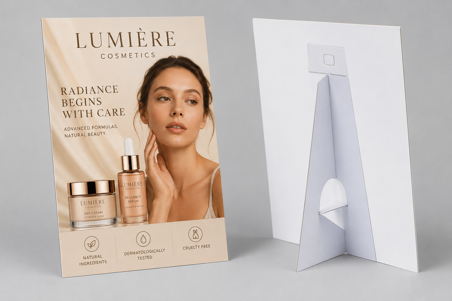 Lumière printed strut card shown from the front and reverse