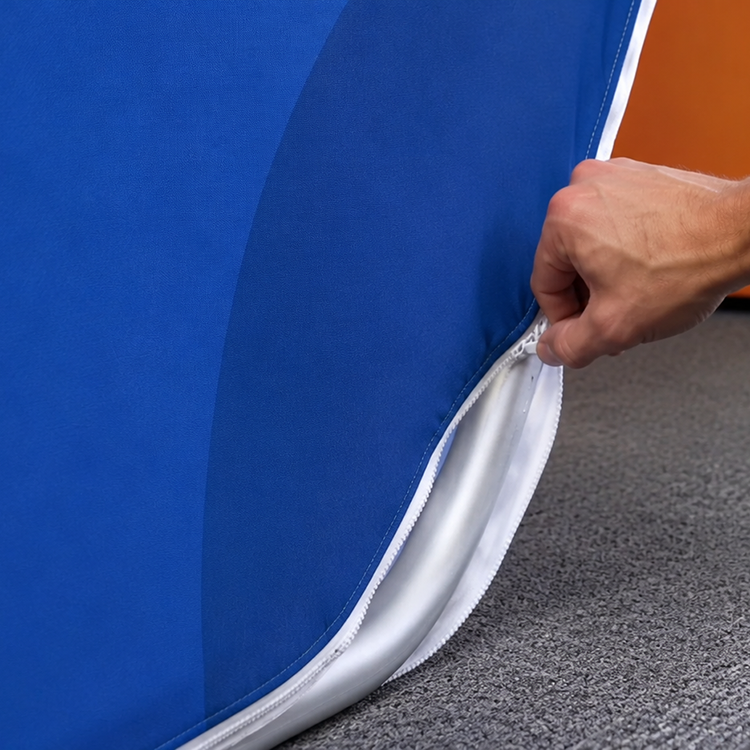 Close-up of bottom zip being fastened on TEXStyle Curved Display fabric graphic