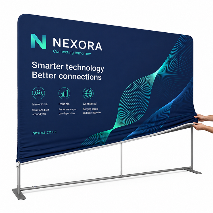 Fabric graphic being pulled over a TEXStyle Straight Display frame