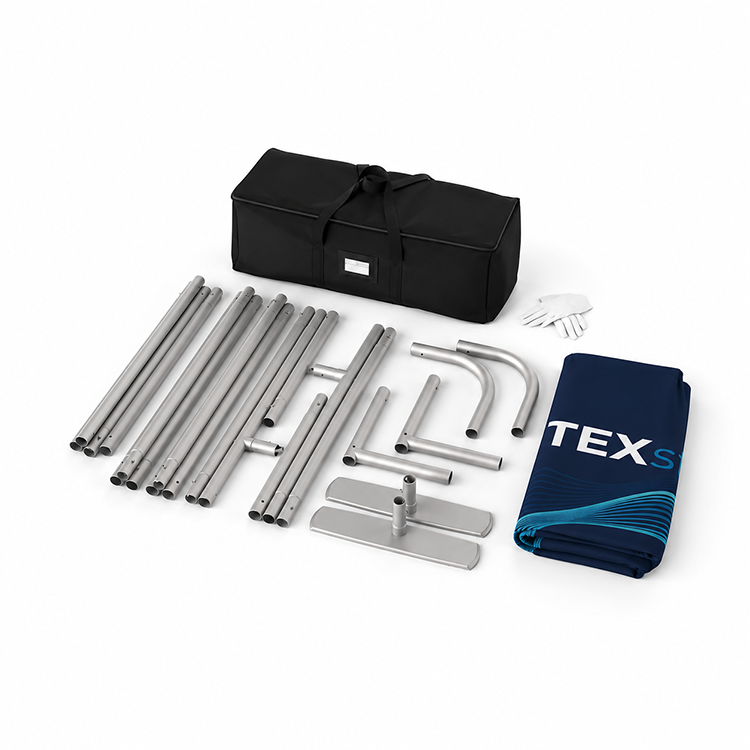 TEXStyle Straight Display kit components including frame, feet, carry bag, gloves and folded graphic