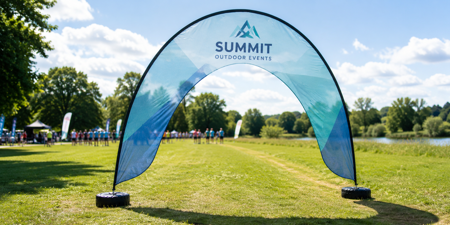 Zoom+ printed event arch at an outdoor event