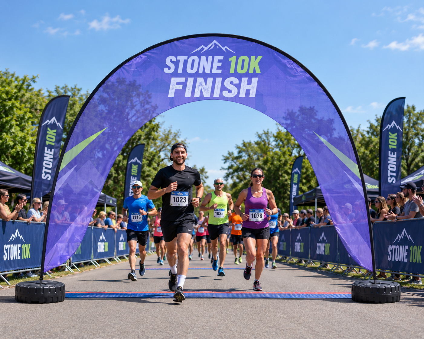 Zoom+ printed event arch used as a race finish line