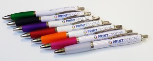 Promotional items such as these Contour ballpoint pens can be produced same day and without high minimum order quantities.