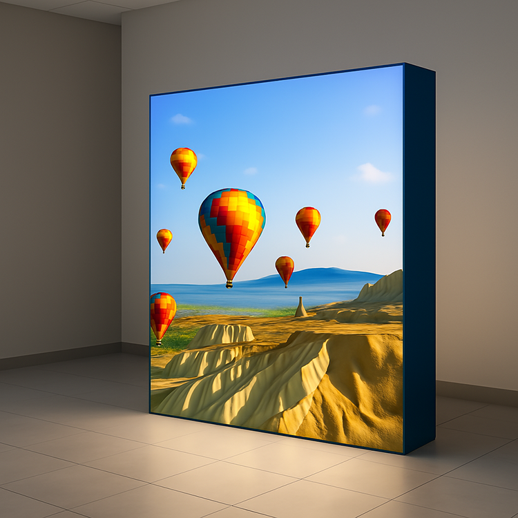 A scene depicting a SEG Fabric Pop Up Stand that is backlit with LED lights