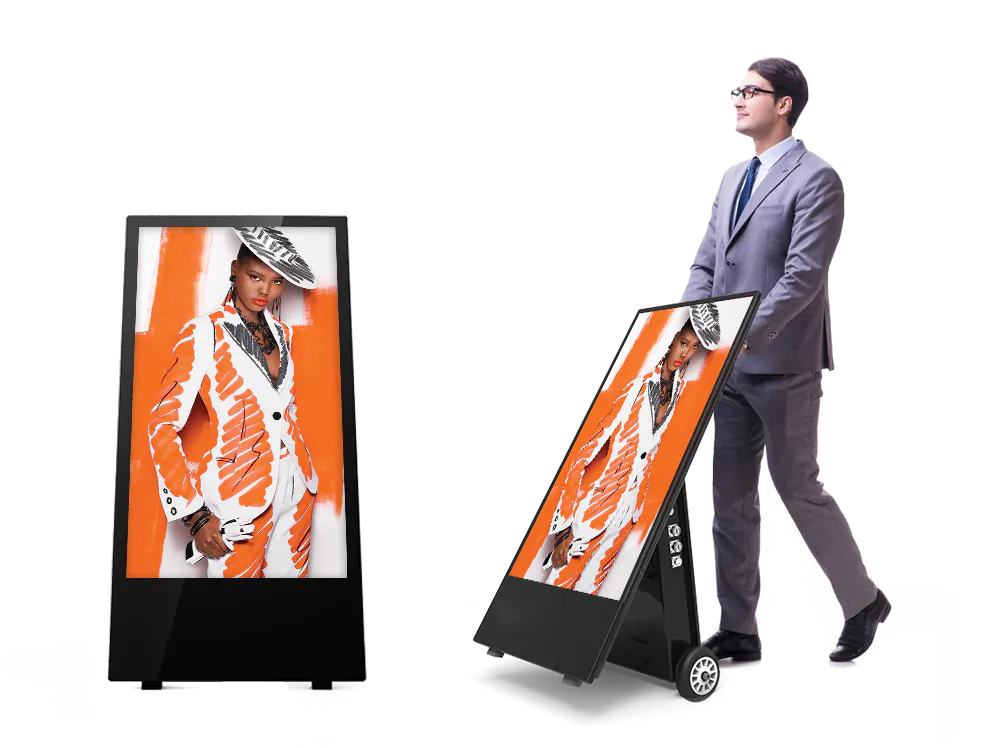 43 inch outdoor digital battery A-board being wheeled into position