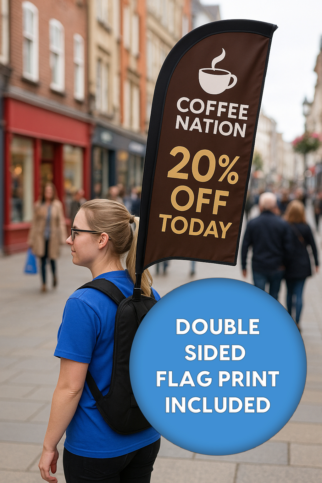 A picture of a girl wearing a feather shaped backpack flag advertising a coffee shop