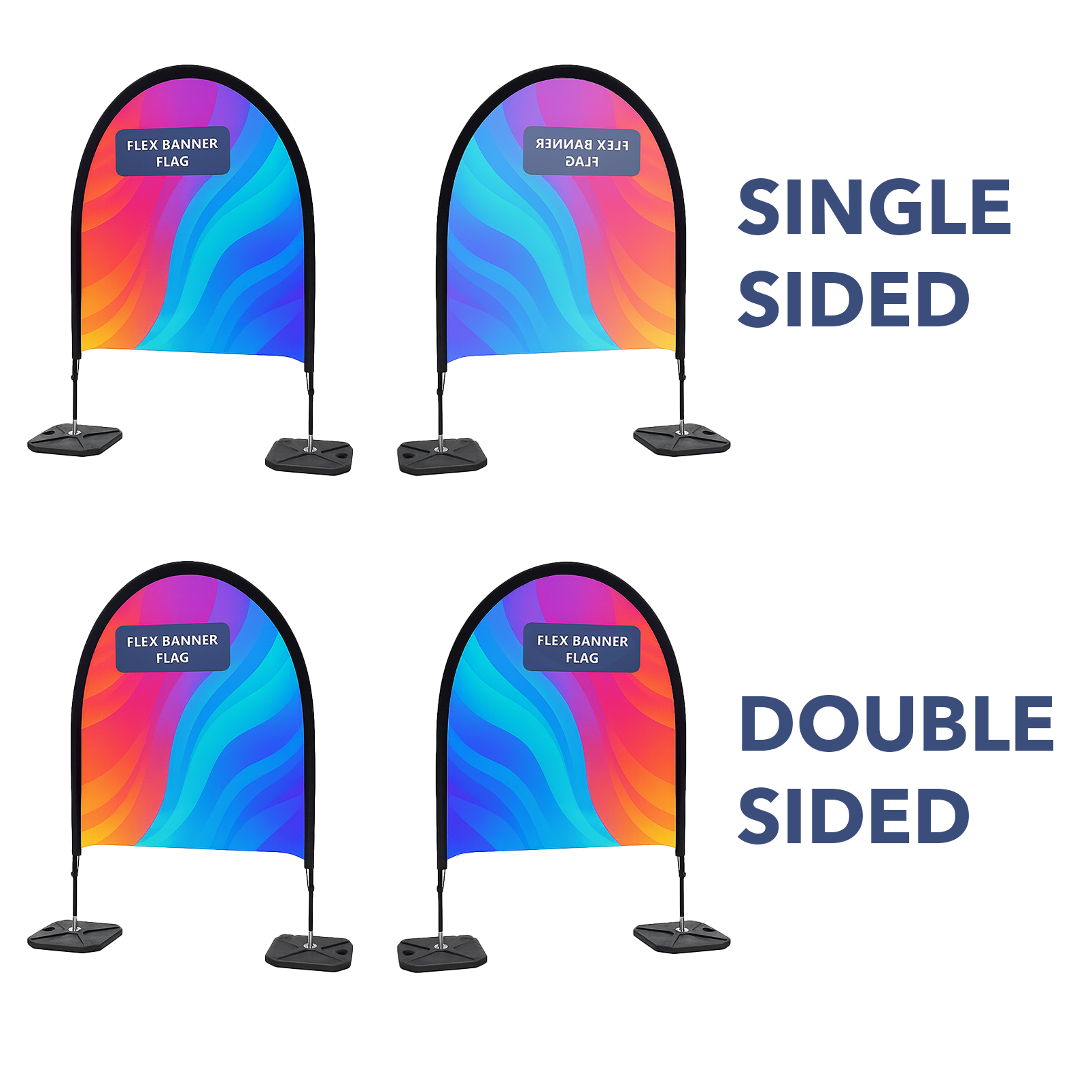 A picture showing the difference between single and double sided printed Flex Banner Flags