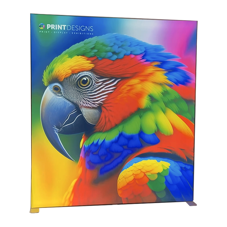 Example image of a freestanding LED lightbox printed with a colourful piece of artwork (parrot)