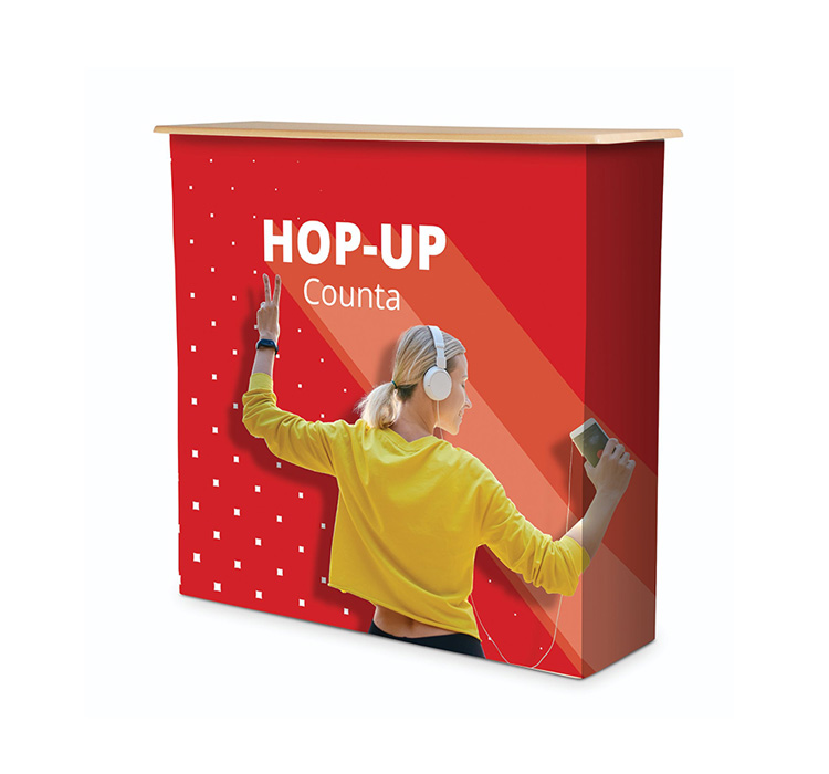 Example picture of a Hop Up Counta with a red colourful printed fabric graphic