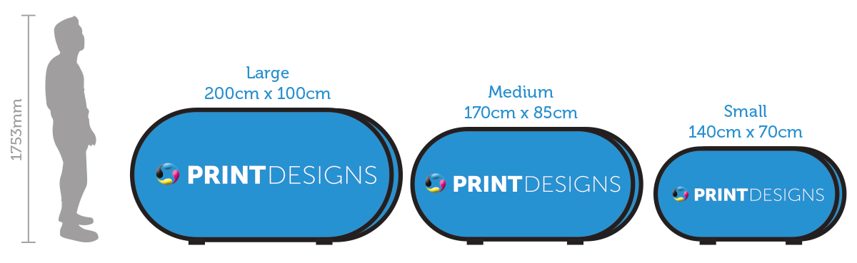 An illustration showing the 3 available sizes of pop up banners standing next to a sillhouette of a person for scale