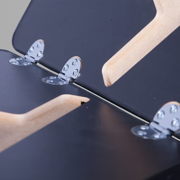 A closeup image showing the hinged design of the Pegasus Exhibition Case and Counter table top