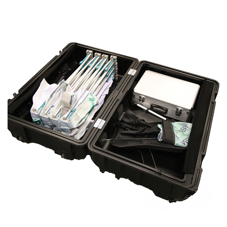 An image showing the Pegasus Exhibition Case and Counter opened up with a variety of different products stored inside