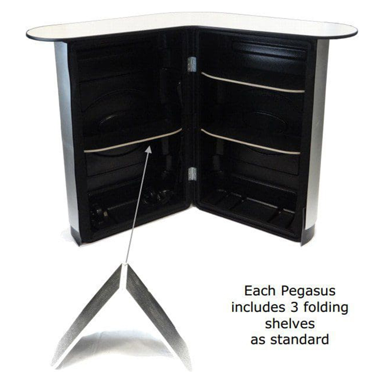 Image showing the Pegasus Exhibition Case and Counter opened up showing the shelves in the rear