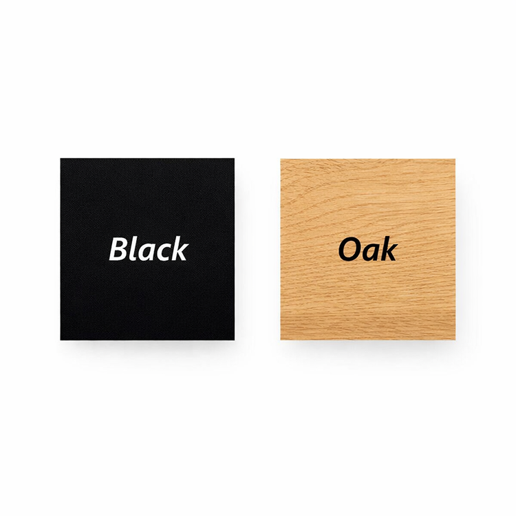 A picture showing the black and oak colour swatches for the Pegasus Exhibition Case and Counter