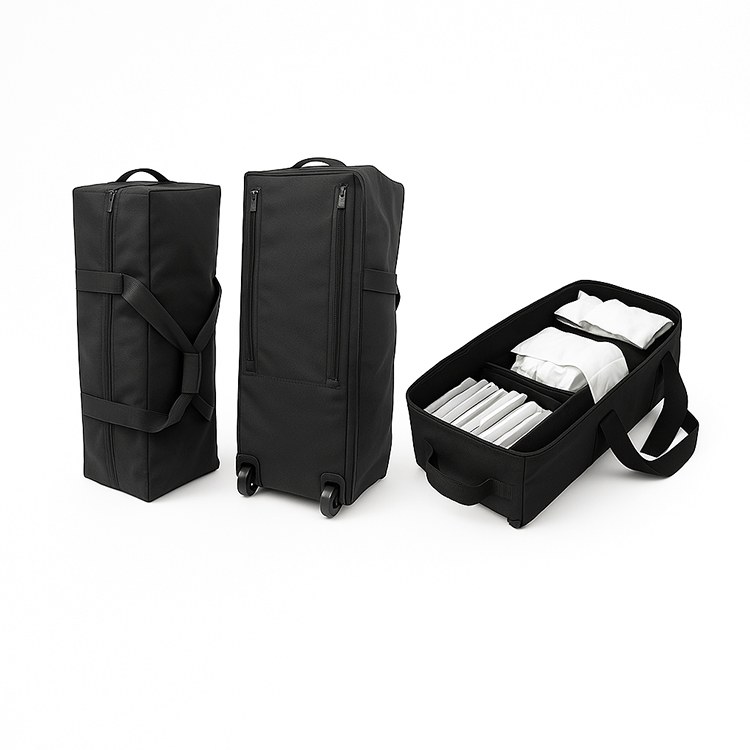A picture of the carry bag supplied with the SEG Fabric Pop Up Stand. The bag is shown from the front and rear so you can see the wheels and carry handle